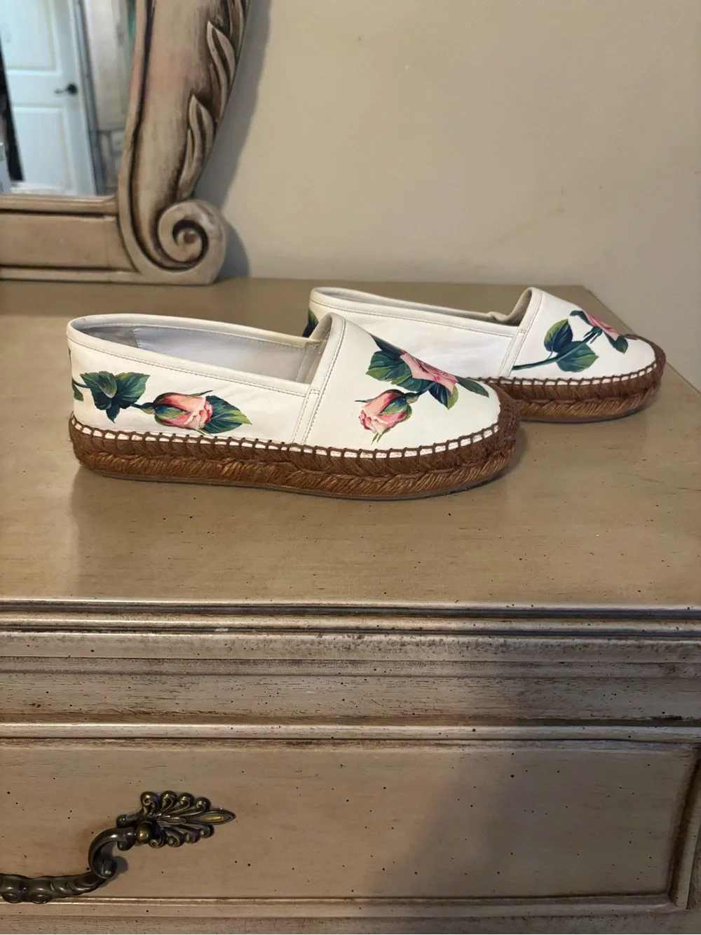 Dolce & Gabbana White Espadrilles with Pink Rose Print